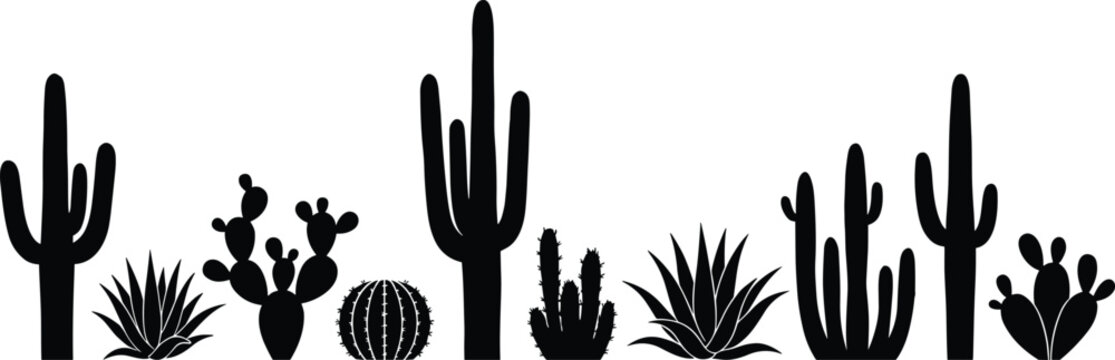 Black silhouettes of various cacti and succulents on white background, cactus desert plants