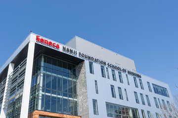 Fototapeta premium Toronto, Canada -May 18, 2026: Nanji Foundation School of Nursing building at Seneca Polytechnic Newnham Campus in Toronto, Canada, in 2026.