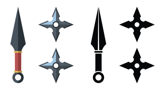 Ninja star and dagger weapon set flat color silhouette