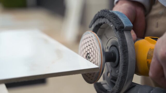 Worker is polishing edge of ceramic tile with an electric grinder on a workbench during a home project. Close up