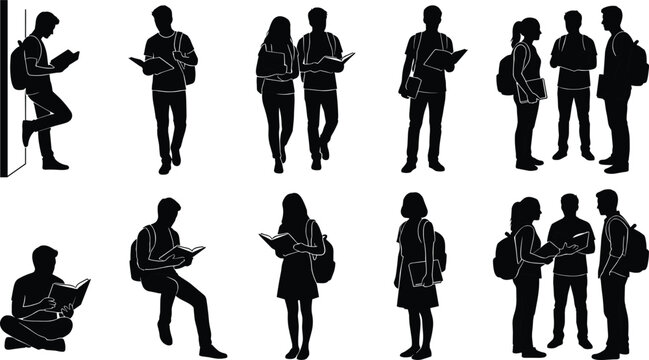 Silhouettes of students reading and interacting, various poses and outfits books backpacks