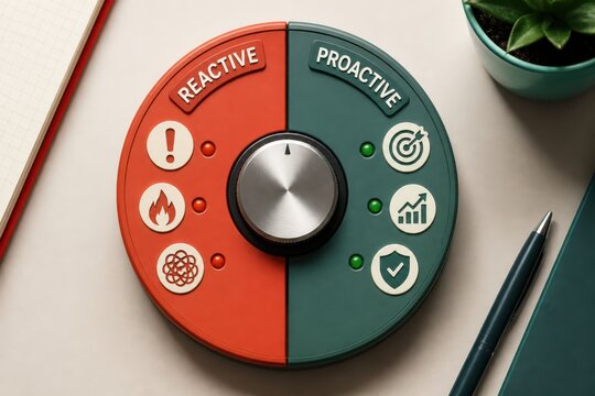 Business strategy concept with reactive and proactive circular decision dial on a desk