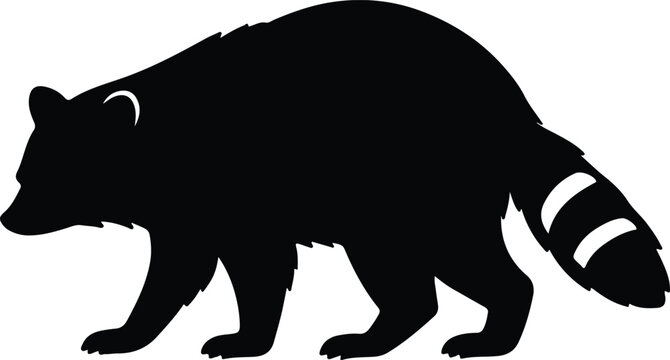 Black silhouette of a raccoon with a bushy, striped tail, walking on a white