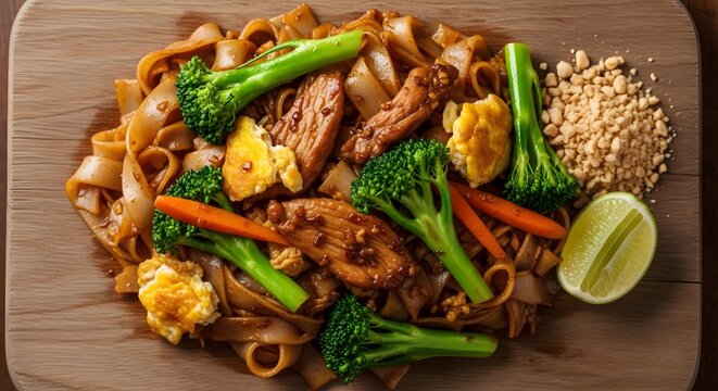 Stir fried beef with broccoli and vegetables on a board