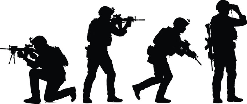 Silhouette of four soldiers in various combat positions, with rifles and gear silhouettes military army
