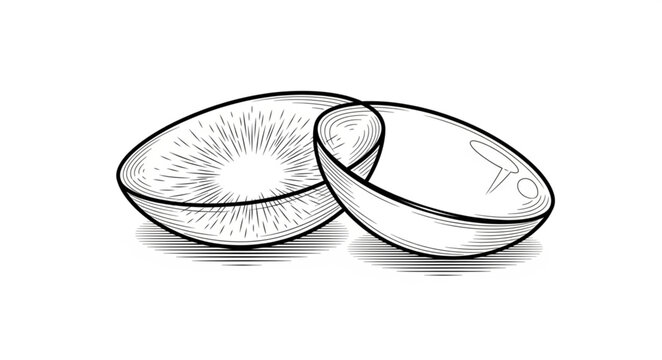 Monochrome illustration of two contact lenses, one featuring an intricate iris pattern and the other a simple, clear surface, representing vision correction, eye care, and optical solutions
