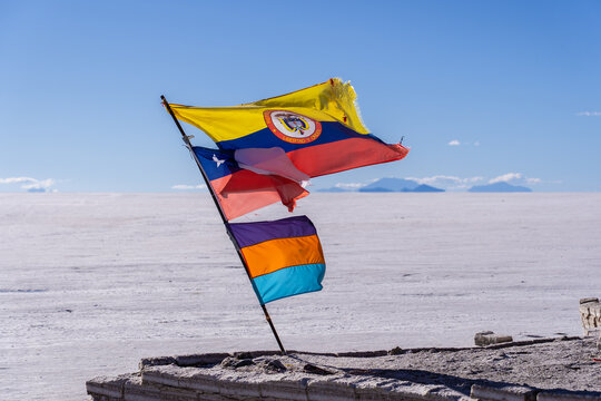 Flags in the vast Uyuni Salt Flats, Bolivia landscape