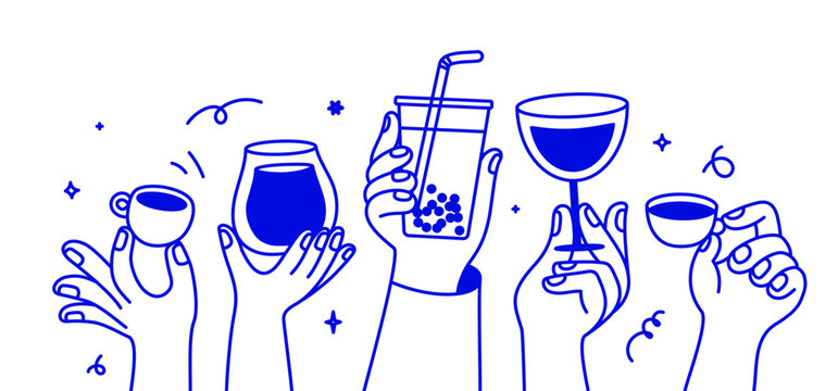 Vector hand-drawn illustration of hands holding various drinks including bubble tea, wine, iced coffee, and espresso, horizontal banner design  for cafe, coffee shop, or bar branding, logo, packaging