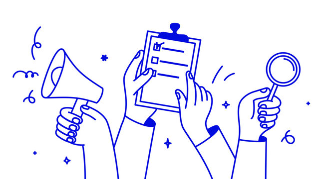 Vector simple linear illustration, hands and gestures, hand drawn illustration, poster, logo, business cooperation and teamwork concept, hands holding megaphone, report and magnifying glass