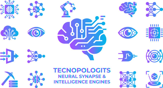 Tecnopologits neural synapse and intelligence engines icons with gradient colors.