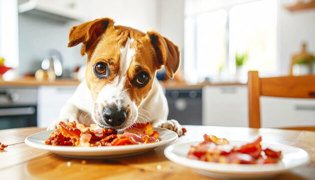 Hungry dog stealing bacon from the kitchen table. AI
