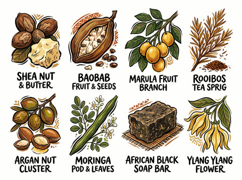 Collection of African cosmetic botanicals and black soap, editorial illustration on white background