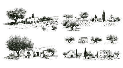 Olive trees landscape sketch, mediterranean countryside house illustration © Anna Sokol