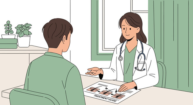 Doctor consultation about hair loss treatment, vector art.
