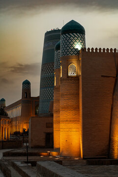 Ancient Silk Road architecture in Hiva, Uzbekistan at dusk