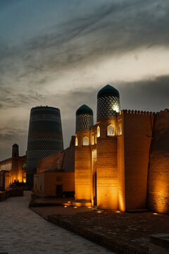 Ancient Silk Road fortress walls at dusk in Hiva, Uzbekistan