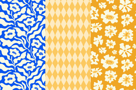 Vector hand-drawn seamless patterns set in a naive abstract art style with wavy and groovy shapes, dopamine cottage core aesthetic, summer blooming floral backgrounds for stationery, packaging