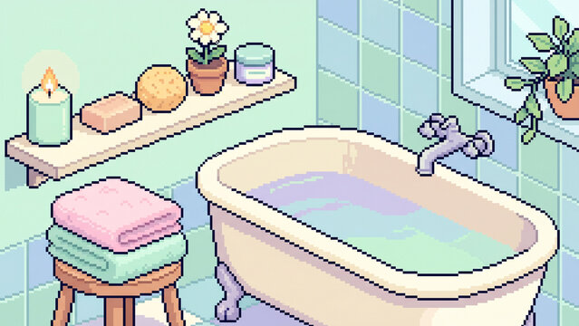Soft 32-bit pixel art illustration of a self care bathroom scene with towel, candle, soap, sponge, flower, and skincare jar.