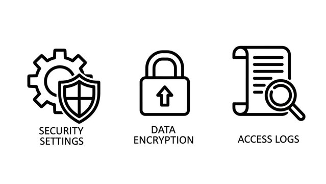 Security settings data encryption and access logs icons representing cybersecurity protocols and digital information protection systems with security settings encryption information protection