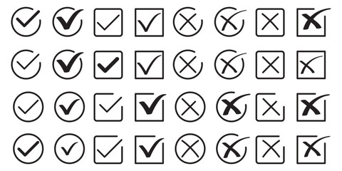 Green check mark and red cross icon set, circle and square. Tick symbol in green color. Hand drawn checkmark illustration. set button correct right wrong buttons or yes or no checkmark. BEST EPS 10 © Hike Studio 2