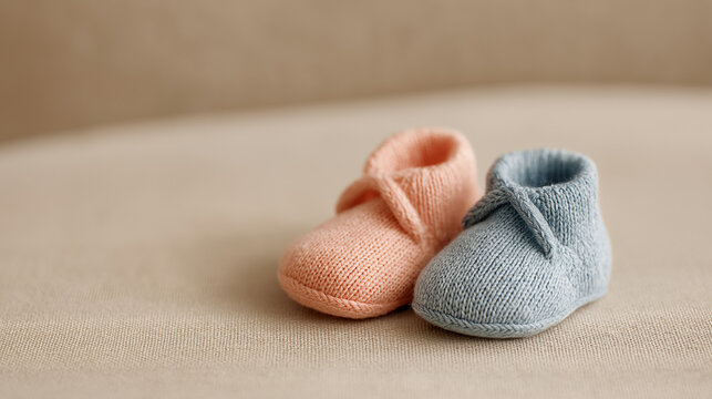 Knitted baby booties in pink and blue colors on a soft background. Gender reveal party decoration for expecting parents. Traditional announcement concept of a pregnancy and baby shower.