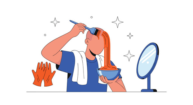 A male carefully applies orange hair dye with a brush, wearing a towel and gloves, set against a soft light purple flat vector illustration background with a mirror.