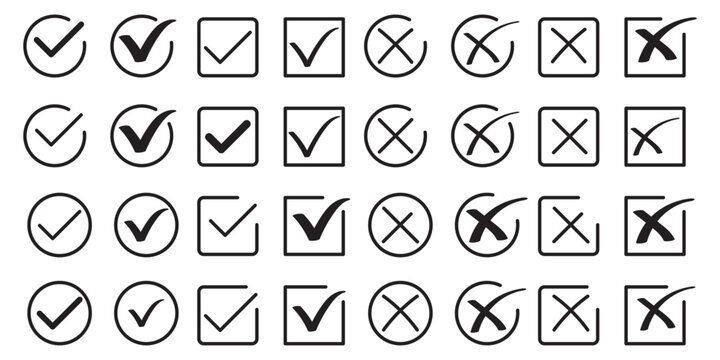 Green check mark and red cross icon set, circle and square. Tick symbol in green color. Hand drawn checkmark illustration. set button correct right wrong buttons or yes or no checkmark. BEST EPS 10