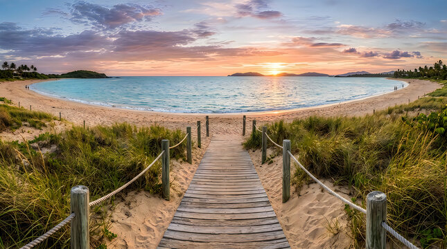 Sunrise over tropical beach with wooden boardwalk and palm trees