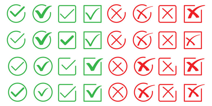 Green check mark and red cross icon set, circle and square. Tick symbol in green color. Hand drawn checkmark illustration. set button correct right wrong buttons or yes or no checkmark. BEST EPS 10