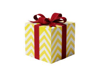 Fototapeta premium Yellow gift box with chevron pattern and red ribbon isolated on transparent background