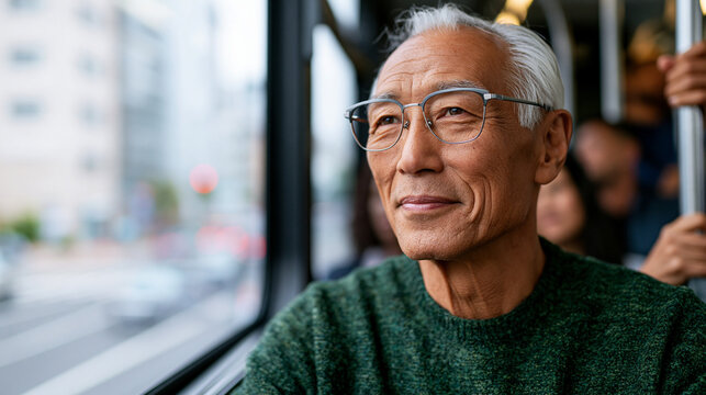 Senior Asian man commuting by public transportation. Elderly passenger looking out bus window during city travel. Concept of urban lifestyle, daily transit, mobility and independence.