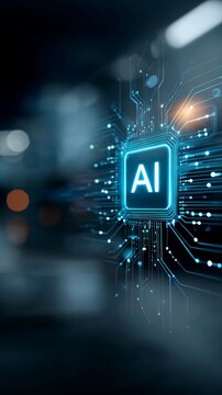 Futuristic AI microchip glowing in a digital environment, symbolizing artificial intelligence technology and innovation. Modern circuit board background highlights advanced computing power