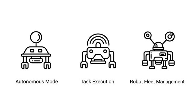 Autonomous robot operation and management icons with autonomous execution management automation artificial intelligence industrial technology mechanical industry manufacturing logistics