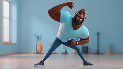 Naklejka premium Young male personal trainer demonstrating stretch in minimal gym