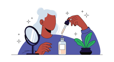 Fototapeta premium A woman with white hair uses a dropper to apply a skincare serum in a minimalist setting with a mirror and a small green plant on the table.