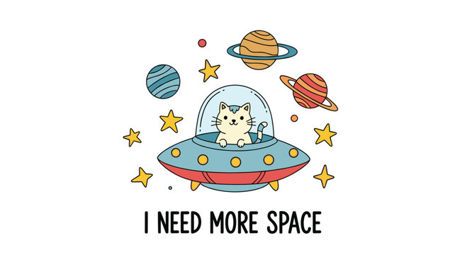 Cute cartoon cat pilot navigating a blue flying saucer through outer space filled with colorful planets, stars, and cosmic elements.
