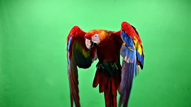 Vibrant scarlet macaw parrot flying with wings spread wide in a beautiful cinematic motion sequence captured in high resolution for professional wildlife video production projects today