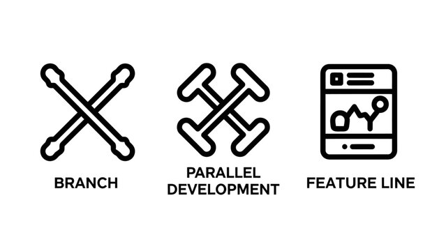 Software development workflow branching parallel development and feature line icons with development parallel software programming workflow repository structure technical technology algorithm