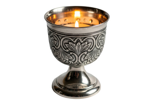 Ornate silver chalice candle holder with a glowing flame isolated on transparent background