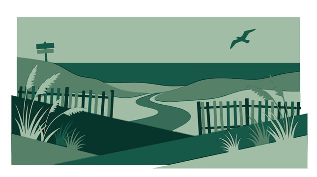A stylized beach landscape features rolling dunes, a rustic wooden fence, and tall grass with a seagull flying over the ocean in a serene, monochromatic green-toned illustration.