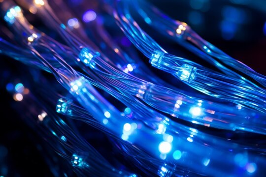 Blue light emitting diodes illuminating optical fiber cables in a bundle, representing digital data streaming