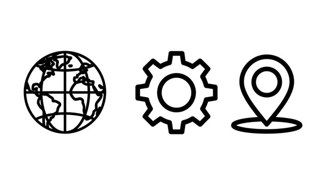 Set of three minimal black outline icons representing global operations engineering mechanics geographical location tracking mechanics location business logistics industry technology