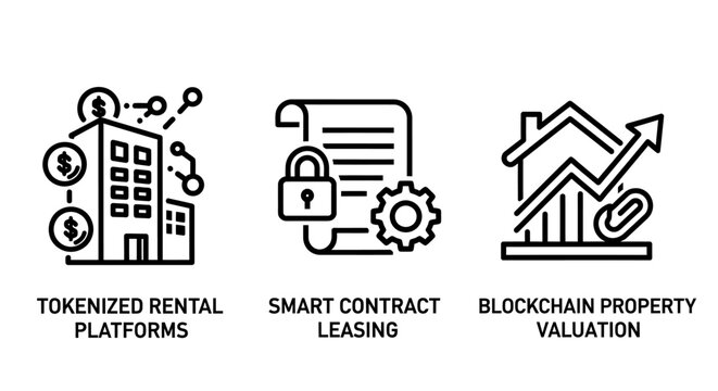 Blockchain real estate icons featuring tokenized rental and smart contract leasing blockchain contract valuation property investment currency business security building increase platform