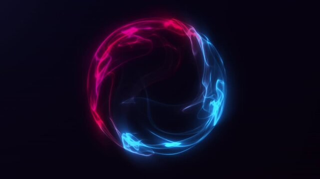 Futuristic red and blue glowing energy orb with smooth fluid wave motion on dark background. Abstract AI sphere for cyber visuals, digital technology, sci-fi intros, neural network concepts