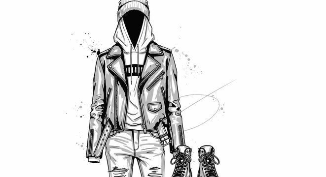 Stylish Faceless Man in Leather Jacket and Hoodie Urban Fashion Illustration