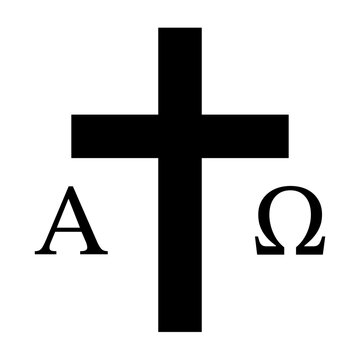 Christian cross with Alpha Omega symbol vector. Minimalist logo for church branding, religious emblem, spiritual faith concept