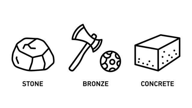 Historical materials and construction elements icon set with concrete material archaeology construction evolution architecture building primitive innovation development industrial structure