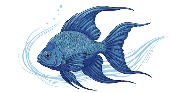 Beautiful blue angelfish with long flowing fins swimming through stylized water bubbles and waves on a white background.