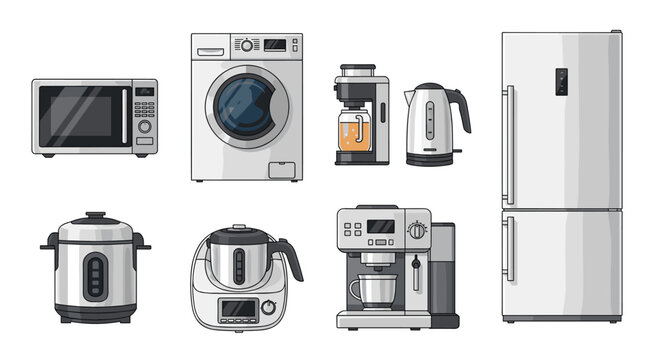 Essential modern household kitchen and laundry appliances including a refrigerator, washing machine, microwave, and coffee maker on white.
