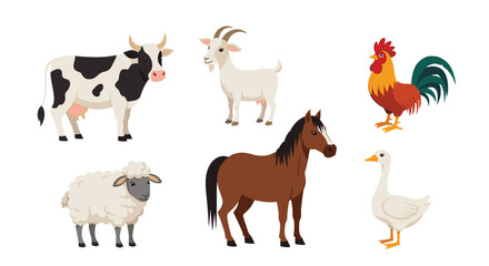 Obraz premium Collection of common farm animals featuring a cow, goat, rooster, sheep, horse, and goose for children educational material.